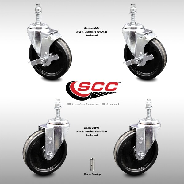 Service Caster 5 Inch SS Phenolic Wheel Swivel 10mm Threaded Stem Caster Brakes SCC, 2PK SCC-SSTS20S514-PHS-M1015-2-TLB-2 - main